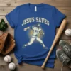 Jesus Saves baseball pitcher design with number 01 and "Heaven" text on a blue t-shirt