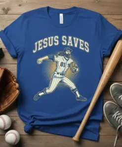 Jesus Saves baseball pitcher design with number 01 and "Heaven" text on a blue t-shirt