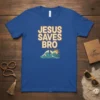 Jesus Saves Bro t-shirt with a retro wave and cross design, ideal for Christian apparel