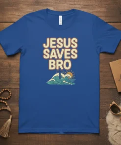 Jesus Saves Bro t-shirt with a retro wave and cross design, ideal for Christian apparel