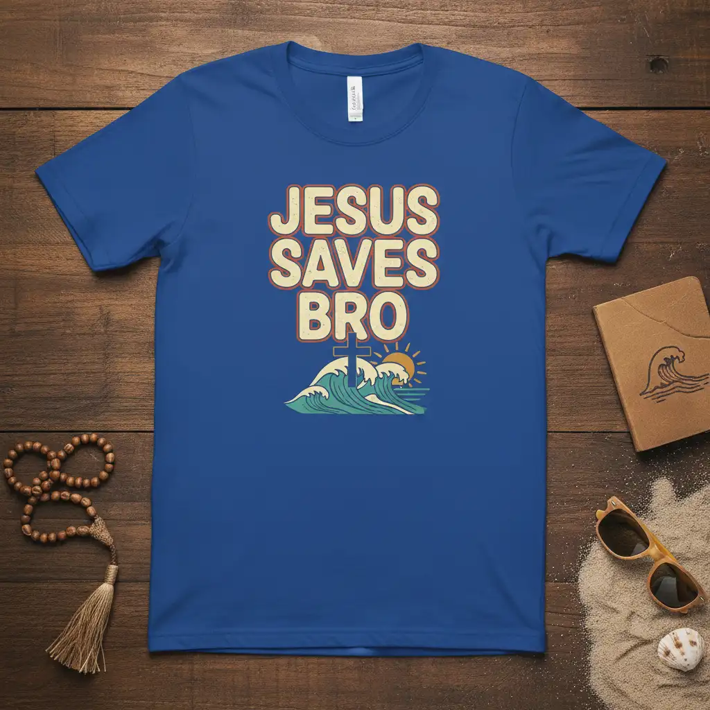 Jesus Saves Bro t-shirt design with retro waves and cross, perfect for Christian believers