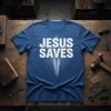 White 'Jesus Saves' text over a radiant cross graphic on a blue t-shirt