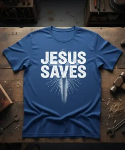 White 'Jesus Saves' text over a radiant cross graphic on a blue t-shirt