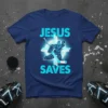 Jesus Saves hockey goalie design with neon cross and hockey stick on a navy t-shirt
