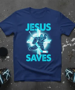 Jesus Saves hockey goalie design with neon cross and hockey stick on a navy t-shirt