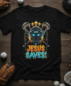 Jesus Saves Lacrosse T-Shirt featuring a goalie helmet, crossed lacrosse sticks, and the text "JESUS SAVES!" in bold lettering