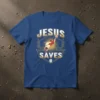 Jesus Saves soccer t-shirt design featuring Jesus in a diving save with a soccer ball, text "JESUS SAVES", and circuit