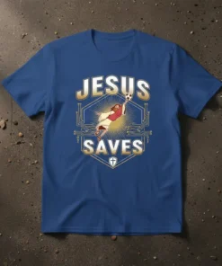 Jesus Saves soccer t-shirt design featuring Jesus in a diving save with a soccer ball, text "JESUS SAVES", and circuit