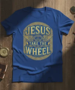 Jesus Take The Wheel Christian faith t-shirt design with bold gold lettering and wings graphic