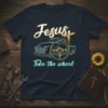 Jesus Take the Wheel T-Shirt design with vintage truck graphic and cross emblem on steering wheel