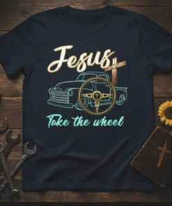 Jesus Take the Wheel T-Shirt design with vintage truck graphic and cross emblem on steering wheel