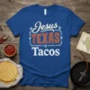 Jesus Texas Tacos graphic tee design with distressed lettering and cactus accents