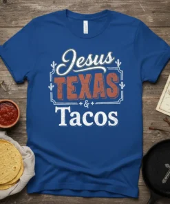 Jesus Texas Tacos graphic tee design with distressed lettering and cactus accents