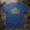 Jesus Trained t-shirt design with gold distressed text and a Christian shield emblem