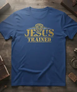 Jesus Trained t-shirt design with gold distressed text and a Christian shield emblem