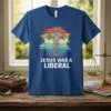 Jesus Was A Liberal t-shirt with a vintage rainbow stripe background and ornate cross design