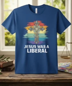 Jesus Was A Liberal t-shirt with a vintage rainbow stripe background and ornate cross design