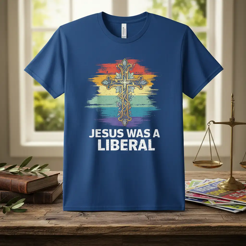 Jesus Was A Liberal text with a vibrant cross and rainbow stripes on a t-shirt