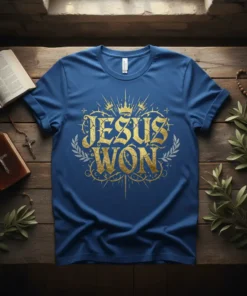 Gold "Jesus Won" text with crown and laurel wreath graphic on a royal blue t-shirt