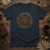 Dark navy t-shirt featuring the text "JESUS WON" in gothic font surrounded by a crown of thorns and olive branches