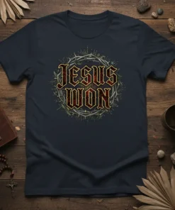 Dark navy t-shirt featuring the text "JESUS WON" in gothic font surrounded by a crown of thorns and olive branches