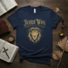 Jesus Won Christian T-Shirt featuring a golden lion with a crown of thorns and radiating sunburst