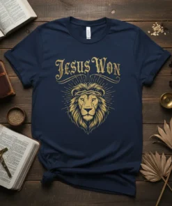 Jesus Won Christian T-Shirt featuring a golden lion with a crown of thorns and radiating sunburst