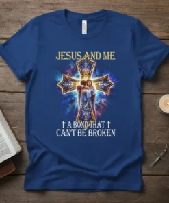 Jesus And Me A Bond That Can't Be Broken quote with stained glass cross and Jesus hugging a person, blue