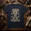 Jesus The Ultimate Deadlifter t-shirt design featuring Jesus on a barbell, cross graphic, and bible verses