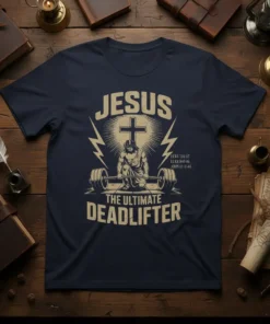 Jesus The Ultimate Deadlifter t-shirt design featuring Jesus on a barbell, cross graphic, and bible verses