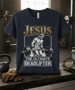 Jesus The Ultimate Deadlifter t-shirt featuring Jesus lifting a barbell with gold and white text