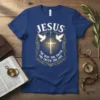 Jesus The Way The Truth The Life Christian T-Shirt with cross and doves design in gold and white on navy