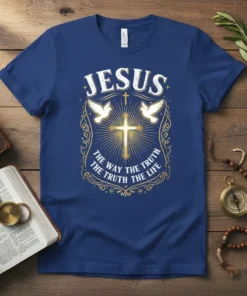 Jesus The Way The Truth The Life Christian T-Shirt with cross and doves design in gold and white on navy