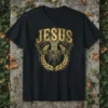 Jesus The Way. The Truth. The Life. quote on a black t-shirt with a gold distressed design featuring a tree