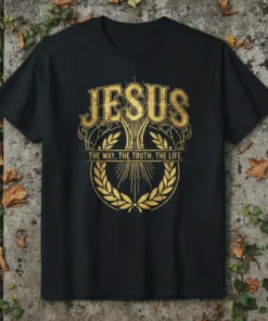 Jesus The Way. The Truth. The Life. quote on a black t-shirt with a gold distressed design featuring a tree