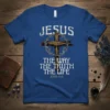 Christian t-shirt with "JESUS THE WAY THE TRUTH THE LIFE JOHN 14:6" text and a wooden cross with a crown