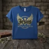 Jesus The Way. The Truth. The Life. quote on a blue t-shirt with golden wings and cross graphic