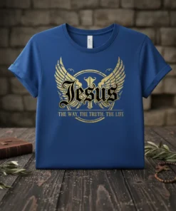 Jesus The Way. The Truth. The Life. quote on a blue t-shirt with golden wings and cross graphic
