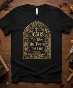 Jesus The Way The Truth The Life t-shirt with John 14:6 scripture in ornate gold and red design