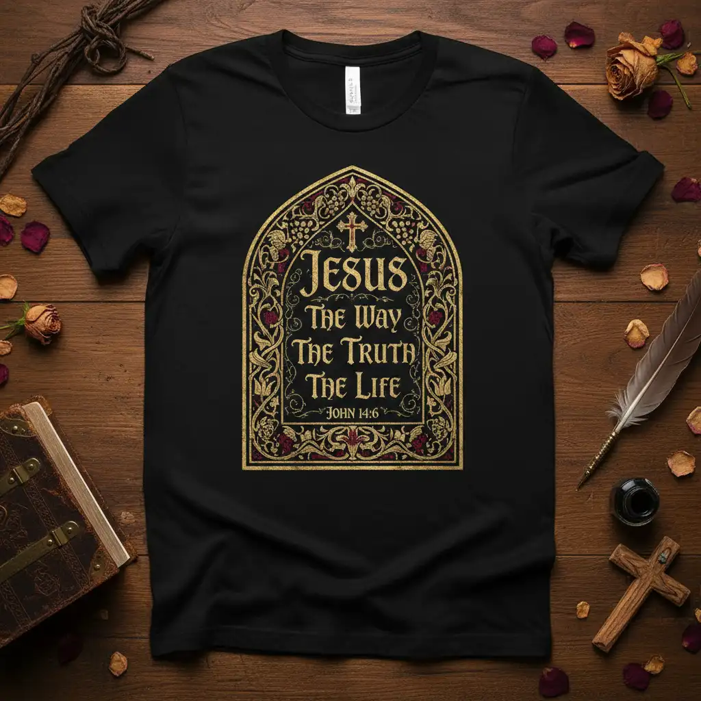 Jesus The Way The Truth The Life scripture t-shirt in ornate gothic-style archway design