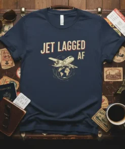 Navy t-shirt with "JET LAGGED AF" text and a vintage airplane graphic circling the globe