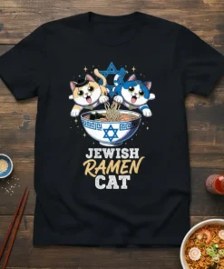 Jewish Ramen Cat T-Shirt featuring two cartoon cats eating ramen, with a Star of David above a bowl of noodles