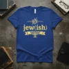 Blue t-shirt with gold "jew(ish)" text and Star of David and menorah symbols, representing Jewish heritage