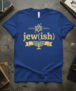 Blue t-shirt with gold "jew(ish)" text and Star of David and menorah symbols, representing Jewish heritage