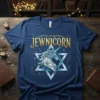 JEWNICORN t-shirt design featuring a geometric unicorn inside a Star of David with golden text and sparkling accents