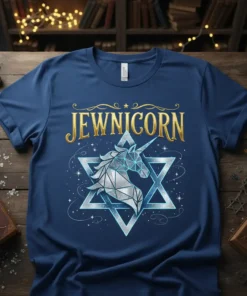 JEWNICORN t-shirt design featuring a geometric unicorn inside a Star of David with golden text and sparkling accents