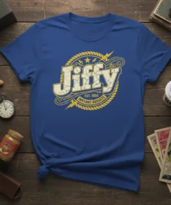 Jiffy Est. 1950 Instant Results logo t-shirt with distressed yellow and white text on a blue tee