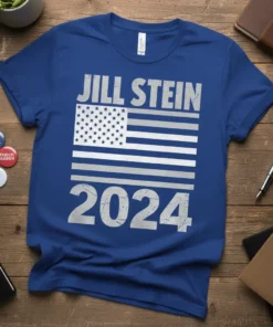 Jill Stein 2024 t-shirt with American flag design in silver and white on a royal blue shirt