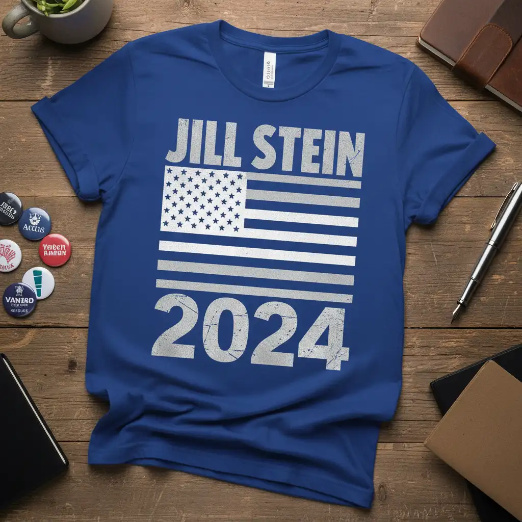 Jill Stein 2024 political campaign t-shirt featuring a distressed American flag graphic