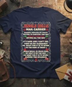 Jingle Bells Mail Carrier holiday quote t-shirt design with festive Christmas decorations and text detailing the challenges of delivering mail